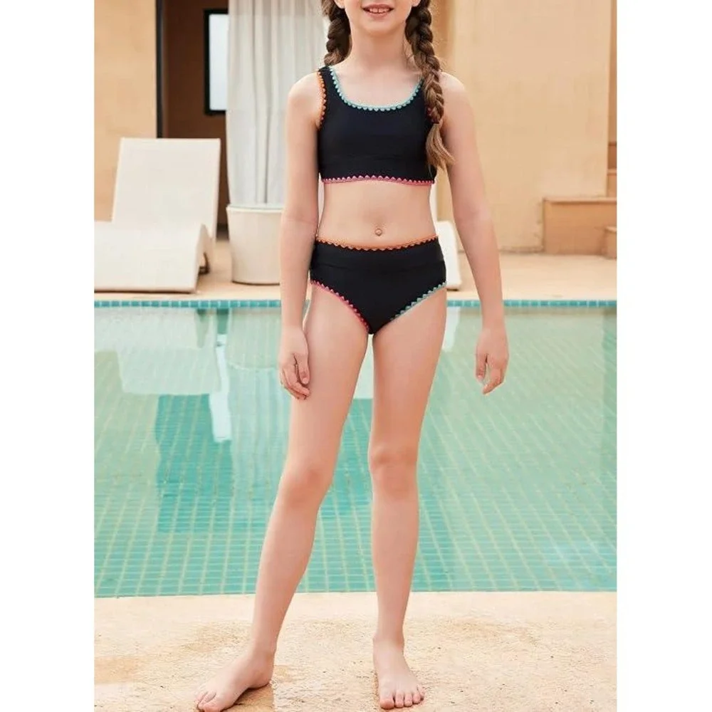 Girls Black High Waisted Bikini Set Neon Rickrack Trim Size 12Y-13Y 2XL
